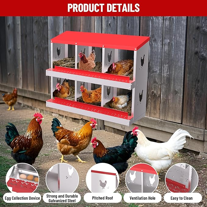 Chicken Nesting Boxes for Hens - 6&8&10 Compartments Roll Away Chicken Laying Boxes with Sturdy Metal Legs & Protective Lid Cover, Durable Galvanized Steel Construction, Easy Clean Design