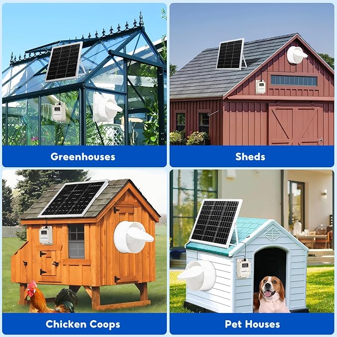 SUNYIMA Solar Powered Fan with Battery,20W Solar Panel Weatherproof+ 8'' Solar Exhaust Fan with 9.84Ft On/Off Cable for Greenhouse Circulation, Chicken Coop, Shed, Pet Houses, Ventilation