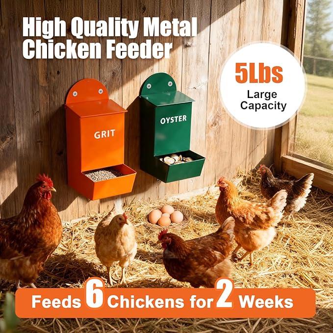 2Pack Chicken Grit and Oyster Shell Feeder,Heavy-Duty Metal Chicken Feeder with Lid Coop Accessories Supplies Hanging Gravity Poultry Feeders Trough for Strong Eggs