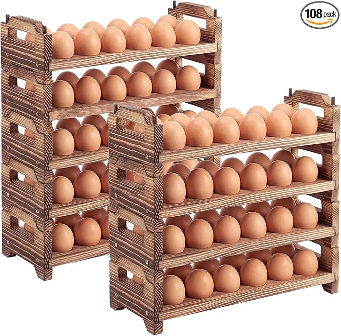 Maxcheck 9-Tier Stackable Wooden Egg Holder, Large Capacity for 108 Eggs, Countertop Storage Rack with Handles for Kitchen Organization and Fridge, Farmhouse Easter Egg Display