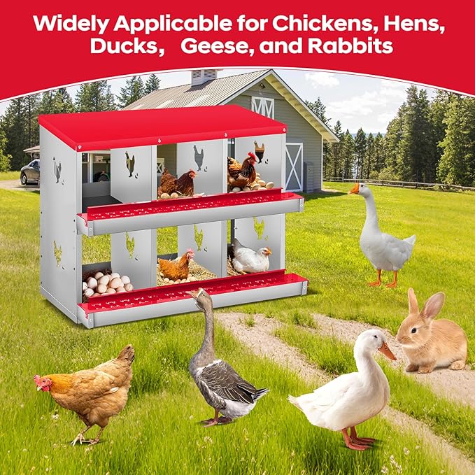Garvee 6 Compartment Chicken Nesting Box, 2 Layer Wall Mount/Free Standing Poultry Nest for Chickens, Hens, Ducks, Metal Chicken Laying Boxes with Perch, Secure Lid, Vented Holes, Red