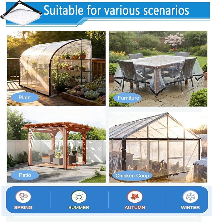 8x15FT Clear Tarp for Patio, Multipurpose Foldable Clear Tarps Plastic PVC Tarp with Grommets, Heavy Duty PVC Vinyl Tarps for Patio Enclosure Chicken Coop