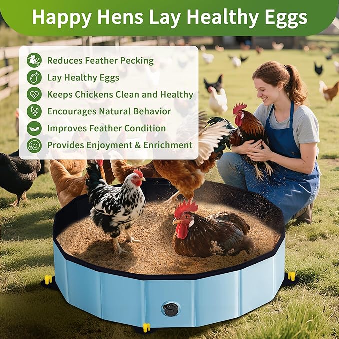 Chicken Dust Bath Tub - 32"D & 8"H Foldable Chicken Coop Accessories to Mix Sand Chilli DE Or Lime Dust in Chicken House, Keep Poultry Hens, Rooster, Button Quail Healthy & Clean, Double as Duck Pool