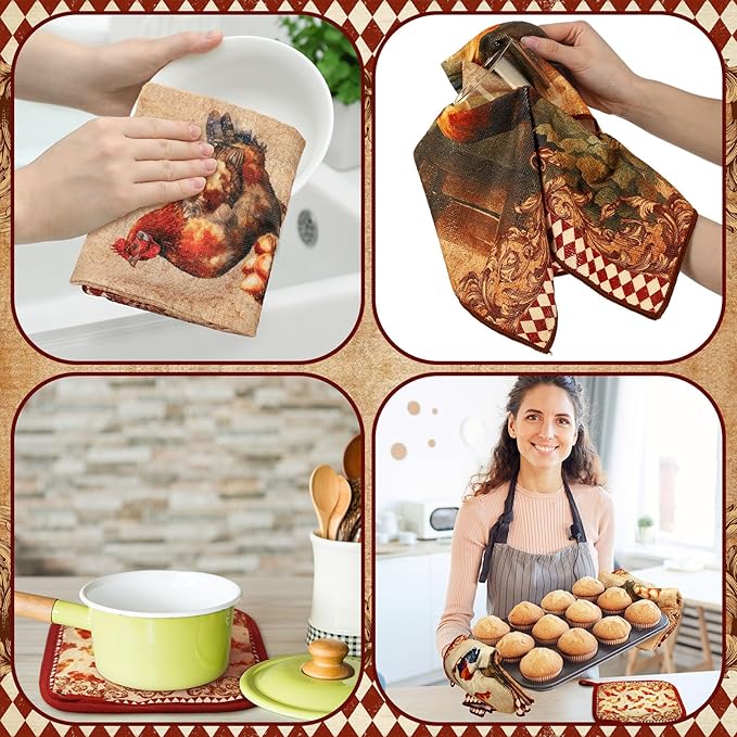 Leinuosen 6 Farm Rooster Farmhouse Kitchen Decor Dish Towels Oven Mitts and Pot Holders Sets Chicken Kitchen Towels Absorbent Decorative Accessories for Cooking Baking Grilling