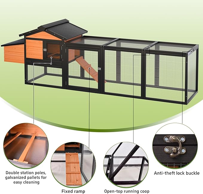 106.3" Chicken Coop, Large Wooden Chicken Coop with Run, Nesting Box and All-Weather Asphalt Roof, Outdoor Duck House Bunny Cage with Sliding Tray for Poultry, Small Animals, Black+Brown