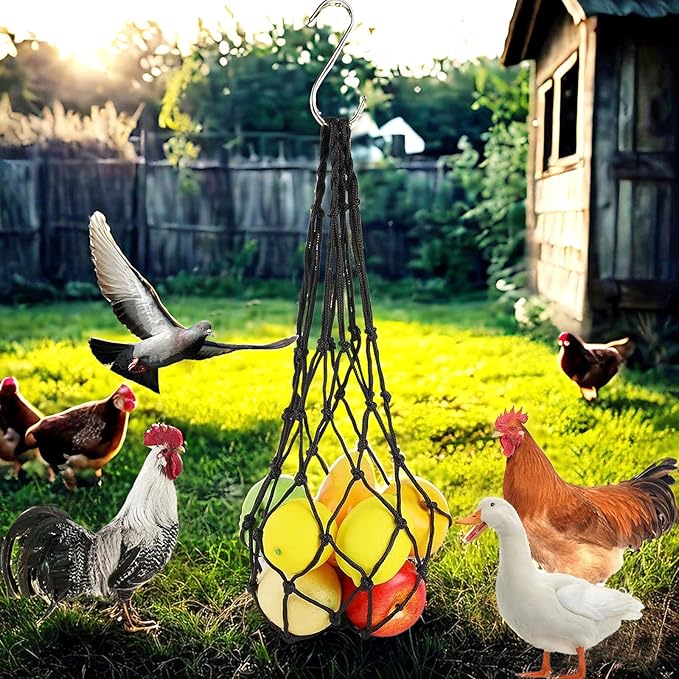 Reusable Hanging Chicken Feeder with S Hooks, Chicken Coop Flock Block Hanging Bag, Vegetable Fruit Mesh Bag for Hens Ducks Geese Poultry, Cabbage Holder Vertical Garden Accessories (Black-2pcs)
