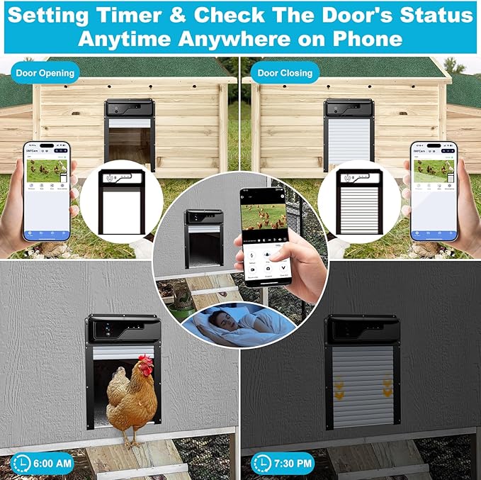 Automatic Chicken Coop Door with HD Camera, Talkback Function, 5000mAh Battery, WiFi Enabled, APP-Based Monitoring, Remote Control and Timer, Solar Powered Auto Chicken Door with Anti-Trap Sensor