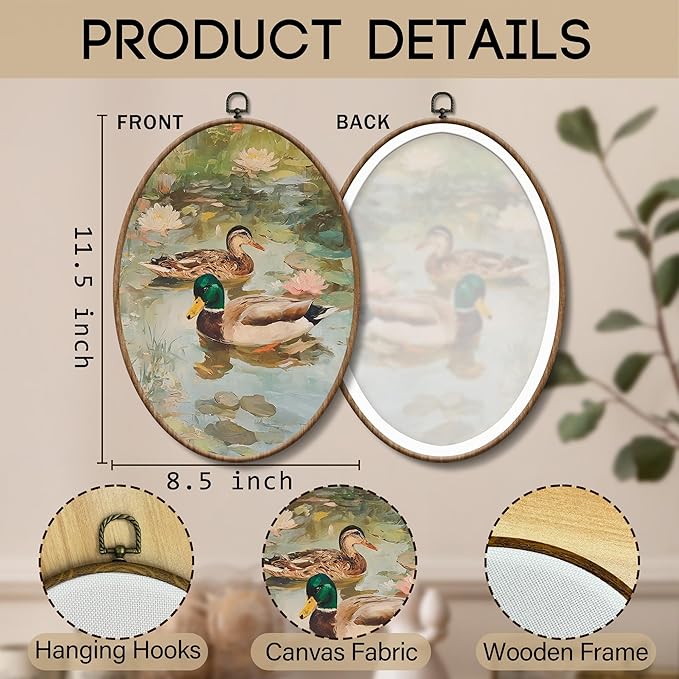 Yorhifa Vintage Mallard Duck Framed Wall Art, Cottagecore Lotus Pond Duck Landscape Oval Wall Art, Rustic Farmhouse Animal Oval Walls Decor, Country Waterfowl Canvas Artwork Hanging Decor, 8.5x11.5in