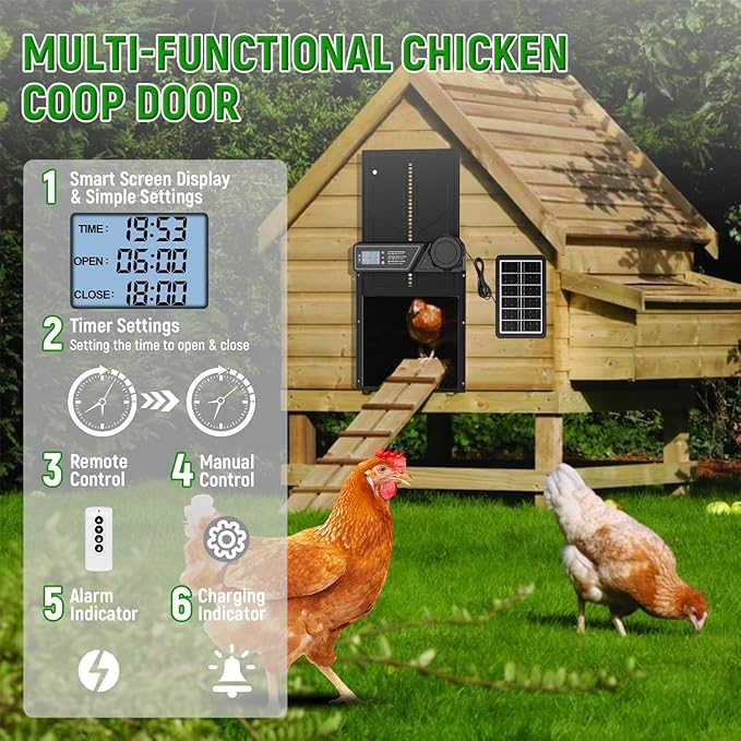 Automatic Chicken Coop Door Solar Powered, LCD Display Automatic Chicken Door with Timer, Aluminum Chicken Door with Remote Control