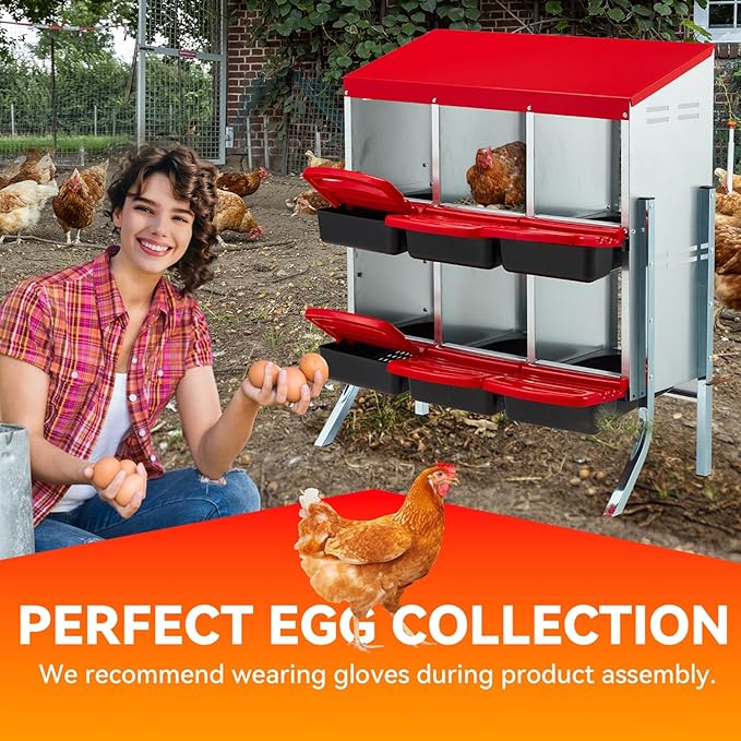 Erinnyees Chicken Nesting Box, 6 Compartment Metal Chicken Laying Box, Hen Brooder Box with Egg Collection for Chicken Coop, Wall Mount or Free Standing, Red