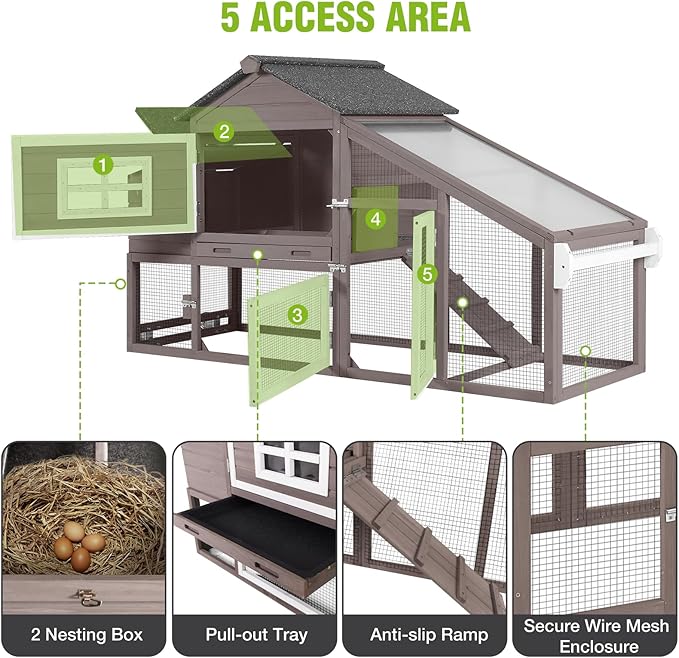 GUTINNEEN Large Chicken Coop with Wheels, Expandable Mobile Outdoor Chicken House, Hen House Poultry Cage with Nesting Box, Leakproof Pull-Out Tray & UV-Resistant Roof – Brown