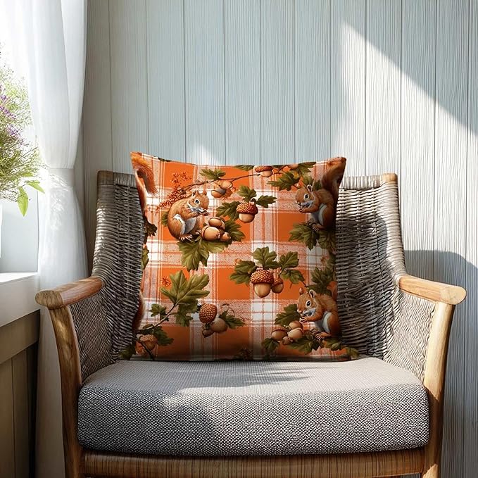 Fall Squirrel Throw Pillow Covers 18x18 Inch, Set of 2 | Autumn Woodland Plaid Square Cushion Cases for Couch Sofa Living Room | Rustic Farmhouse Home Decor, Decorative Pillowcases