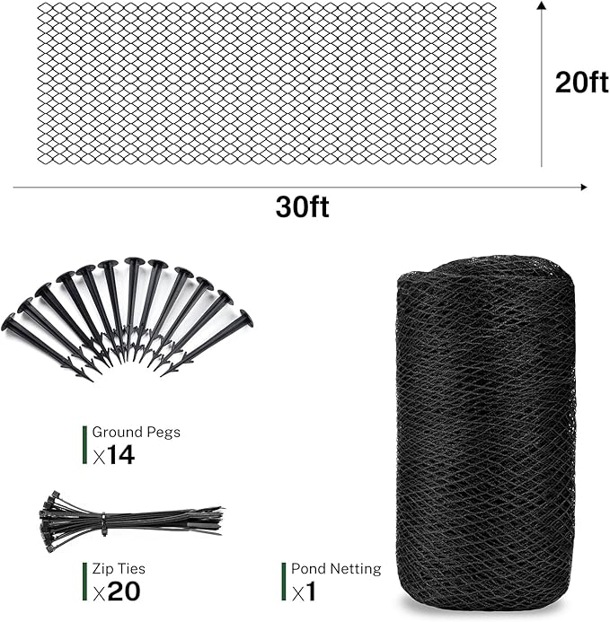 20 x 30Ft Pond Netting for Koi Ponds, Koi Pond Net Cover, Durable & Sturdy Pond Netting Cover for Leaves, Protect Koi Fish Against Herons, Raccoons, Cats & Predators, 14pcs Stakes Included