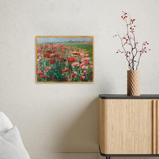 Farmhouse Flower Artwork Framed Red Wildflower Painting Vintage Flower Pictures Blooming Flowers Poster Nature Wildflower Wall Art Farmhouse Botanical Artwork Rustic Floral Paintings 8x10inch Framed