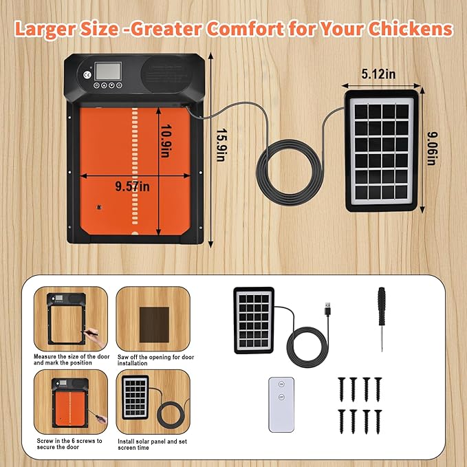 Automatic Chicken Coop Door Solar Powered with Remote Control, Auto Chicken Door with Timer & Light Sensor, Anti-Pinch Safety, Waterproof Aluminum Chicken Door with LED Display