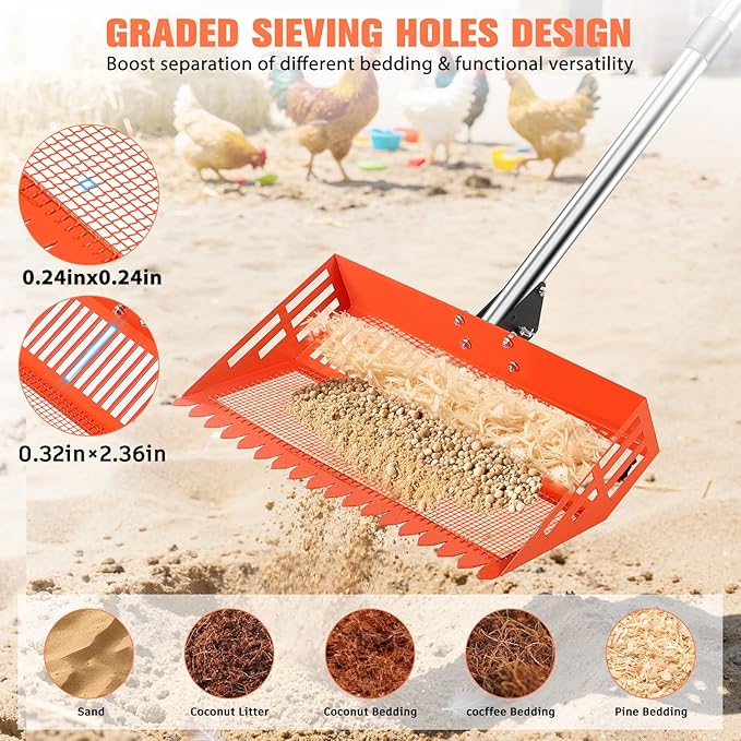 15/10'' Chicken Poop Scooper & Rake,4 IN 1 Chicken Coop Scoop with 2 Large Metal Shovel Heads,Chicken Coop Scooper for Sand,Chicken Scoop with Long Handle,Sifting Shovel for Chicken Coops(37 to 65in)
