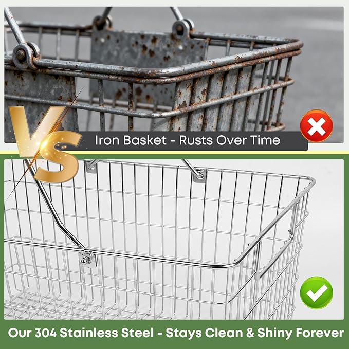 Small Picnic Baskets, Wire Baskets for Organizing with Foldable Handle - 12.6"x9.1"x5", Sturdy Stainless Steel Storage Baskets for Outdoor Picking, Picnic, Kitchen & Fridge & Cabinet Organizer(1, S)