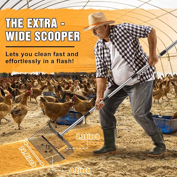15 inch Extra Large Chicken Poop Scooper with Ergonomic Grip,5-in-1 Heavy Duty Adjustable Coop Scoop for Poop (24 to 68"), Stainless Steel Sifting Litter Shovel Scoop for Chicken Coop