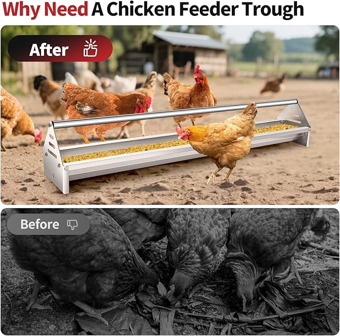 RYFT Chicken Feeding Trough 45", Heavy Duty Galvanized Steel Chicken Feeder with Crossbar, Holds 12 Chickens with Drainage Holes, Large Capacity Poultry Feeder Trough for Duck Geese Turkey Pigeon