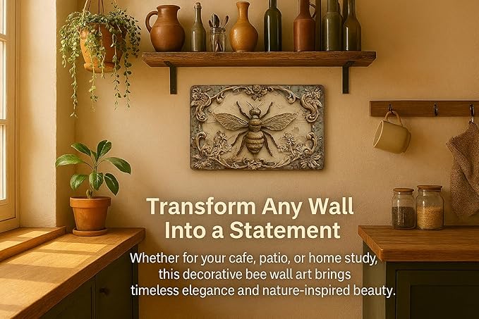 Vintage Bee Metal Tin Sign Wall Art, 3D Embossed Iron Hanging Decor, Indoor Outdoor Use for Home Bedroom Restaurant Bar Cafe School Library Door Garage Decor - Pack of 1, 12x8 Inch