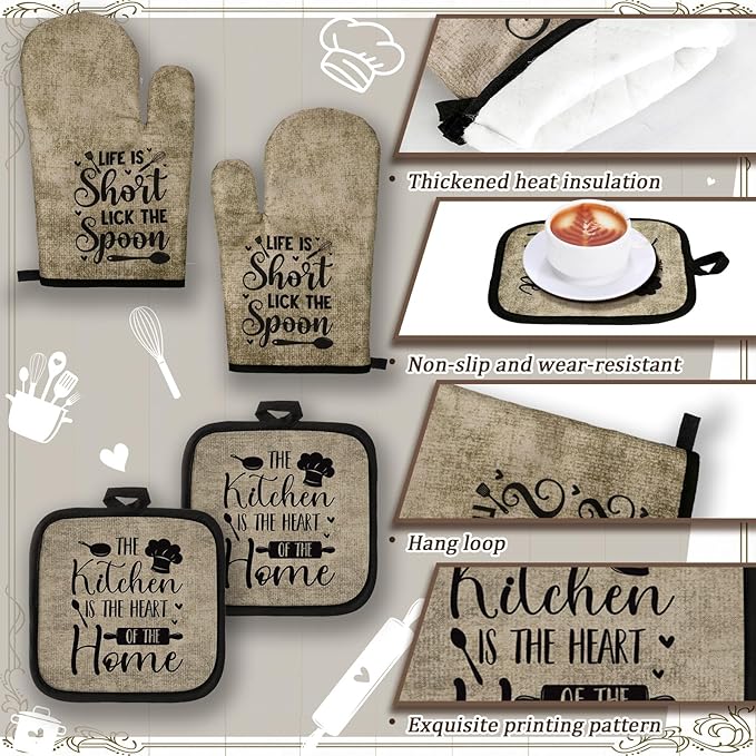 10 Pcs Attractive Style Kitchen Dish Towels Rugs Oven Mitts and Pot Holders Set Farmhouse Kitchen Decor Set for Women Mom Daughter Gift Cooking Baking Grilling (Rustic Farmhouse)