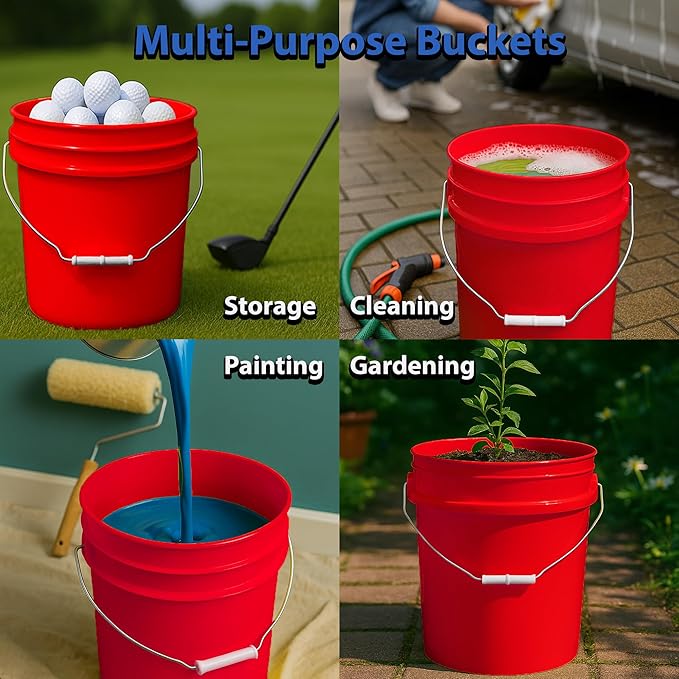 5-Gallon Bucket with Airtight Lid – Made in USA, Food Grade BPA Free Plastic, Heavy Duty Multi-Use, Metal Handle with Grip, Stackable Storage – Red, 6 Pack