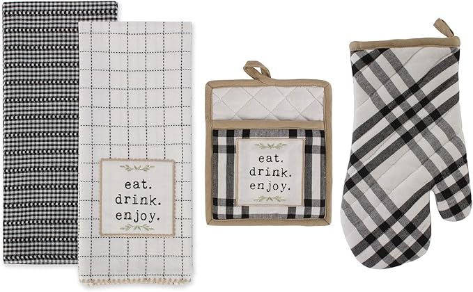 DII Home Sweet Farmhouse Kitchen Collection, Potholder/Oven Mitt/Dishtowel Set, Black, 4 Count