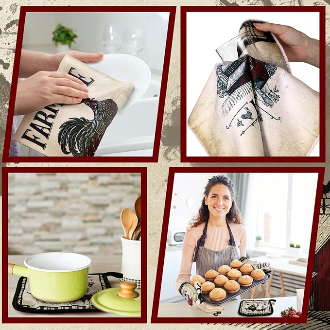 Leinuosen 6 Barn Farm Farmhouse Kitchen Decor Dish Towels Oven Mitts and Pot Holders Sets Chicken Kitchen Towels Absorbent Decorative Accessories for Cooking Baking Grilling