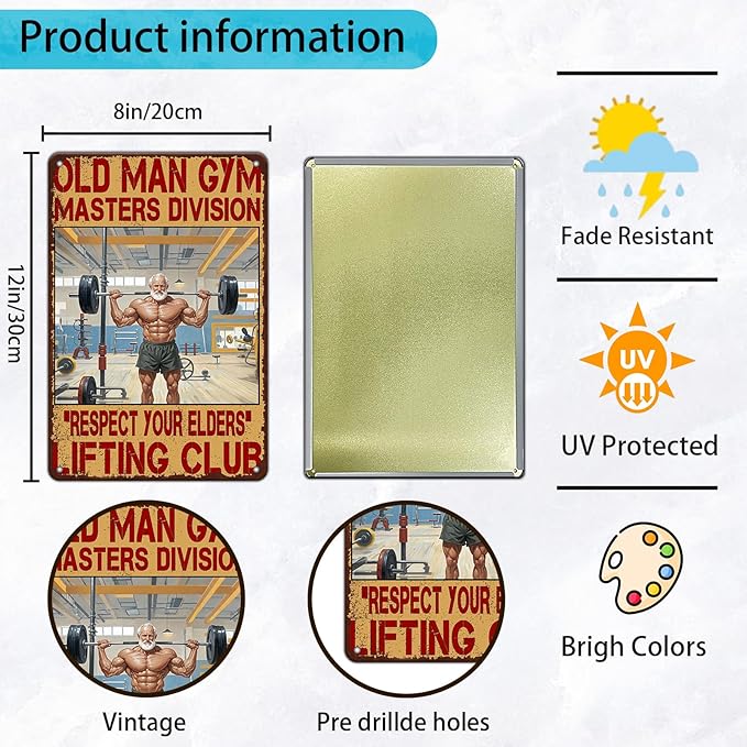 Gym Posters Old Man Gym Metal Tin Sign Weightlifting Signs Home Gym Man Tin Sign Gym Bar Pub Sign Poster Garage Bar Pub 8x12 Inch