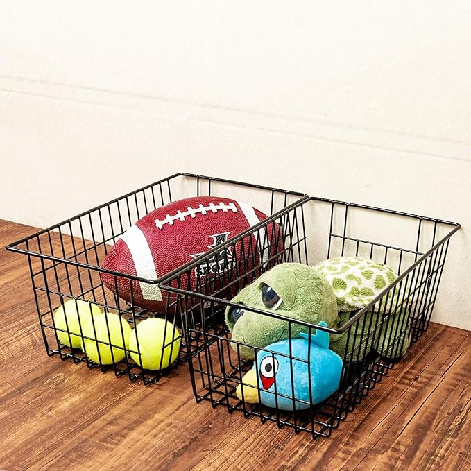 Slideep Farmhouse Metal Wire Basket, Fridge Freezer Storage Organizer Bins with Handles for Kitchen Cabinets, Pantry, Closets, Bedrooms, Bathrooms, Black 3 Pack