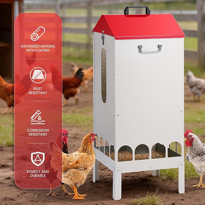 70-85lbs Automatic Chicken Feeder No Waste Gravity Poultry Feeder with 16 Ports and Visible Feed-Level, Chicken Food Dispenser for Duck, Goose, Turkey