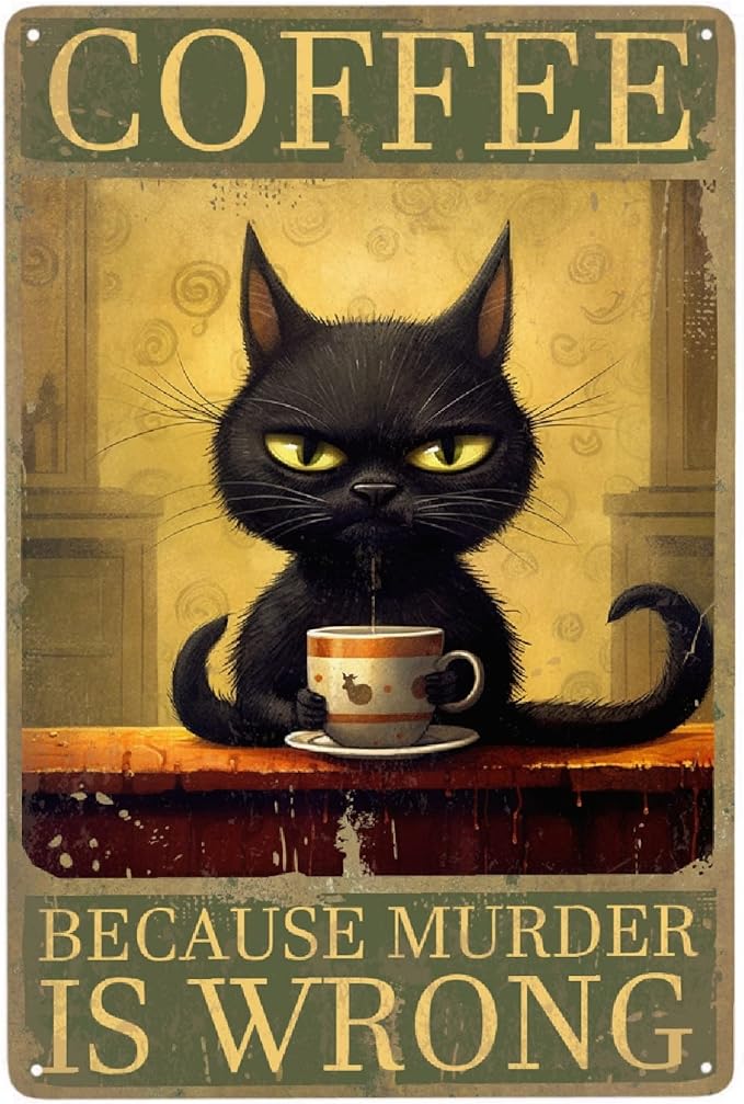 JOCASA Retro Black Cat Coffee Vintage Metal Tin Sign Kitchen Wall Decor- Because Murder Is Wrong Aluminum Metal Poster Sign for Cafe, Bar, Bedroom, Funny Signs Gift,12''x 8''