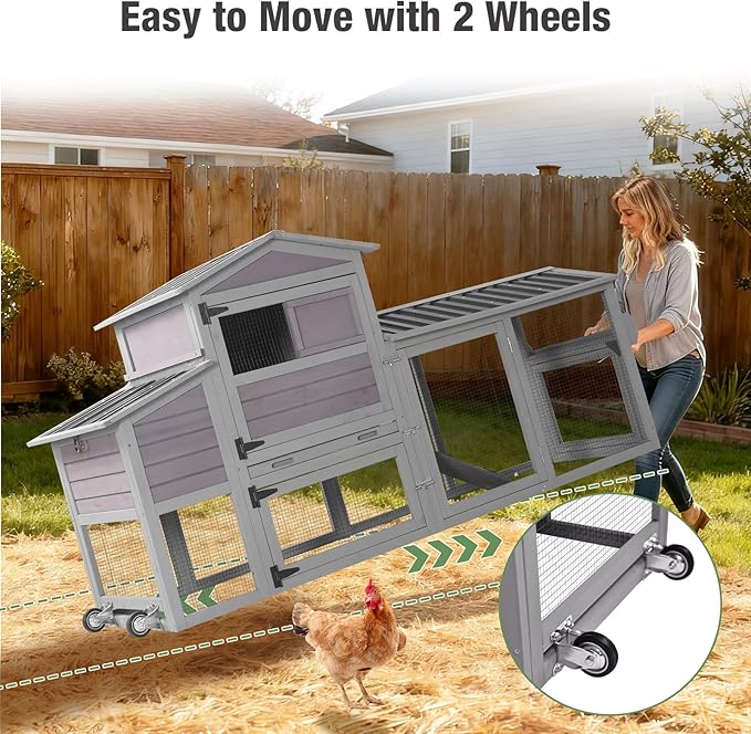 Chicken Coop with Wheels, 80" Mobile Wooden Hen House for 2-4 Chickens, Outdoor Poultry Cage with 2 Nesting Boxes, Waterproof PVC Cover & Pull-Out Tray, Weatherproof Rabbit Hutch for