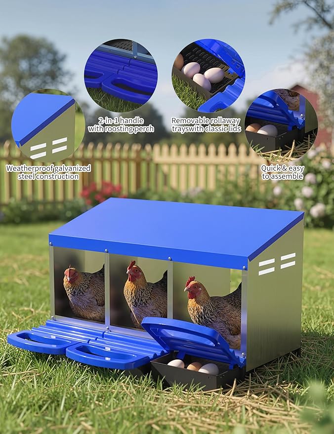 Chicken Nesting Box 3 Hole, Galvanized Steel Nest with Roll Away Egg Collection & Swing Perch, Easy-Clean Laying Box for Hens, Heavy Duty Design for Chicken Coop