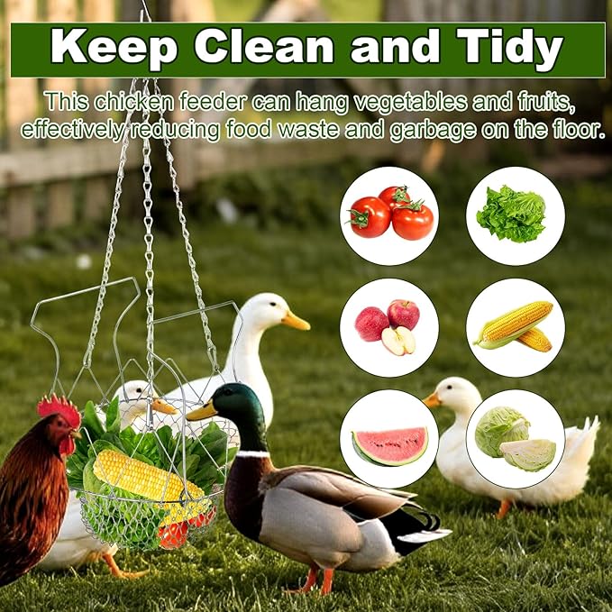 BOXOB Adjustable Hanging Chicken Feeder, Large Foldable Poultry Vegetable Fruit Chick Feeding Drinker Basket with Chain Chicken Treat Holder Coop Accessories Toy for Your Hens Ducks Rabbits