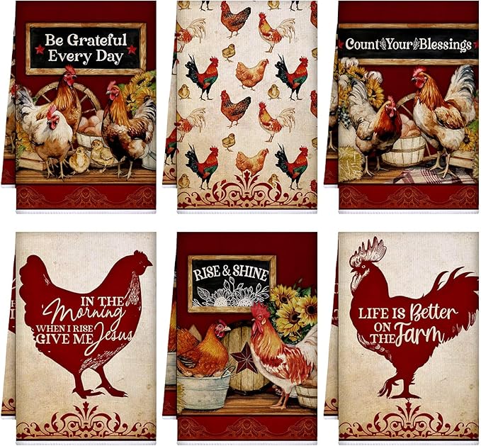 Bencailor 6 Pcs Farmhouse Kitchen Towels Chicken Rooster Kitchen Decor Farm Animal Hand Towels for Cooking Baking Housewarming Gift,15.75 x 23.62 inch(Deep Red,Rooster Hen)