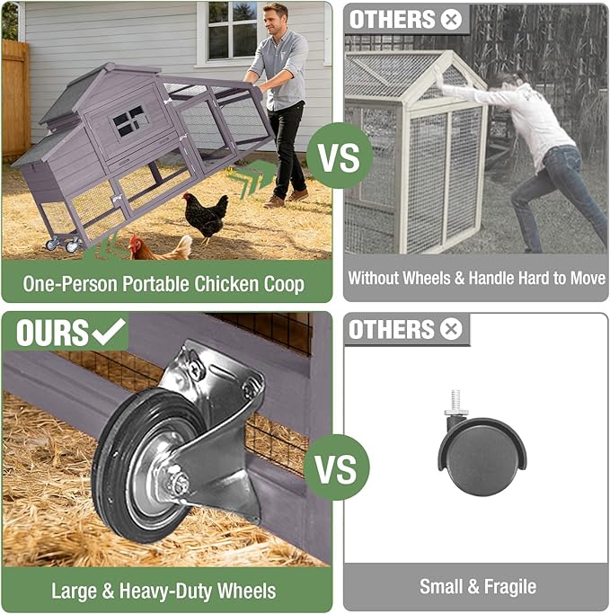 Mobile Chicken Coop with Run, Large Outdoor Wooden Poultry Cage Hen House with Wheels, Nesting Box, Pull-Out Tray, Waterproof Roof, Grey, 72.3" L x 26" W x 39.4" H, for 3-5 Chickens