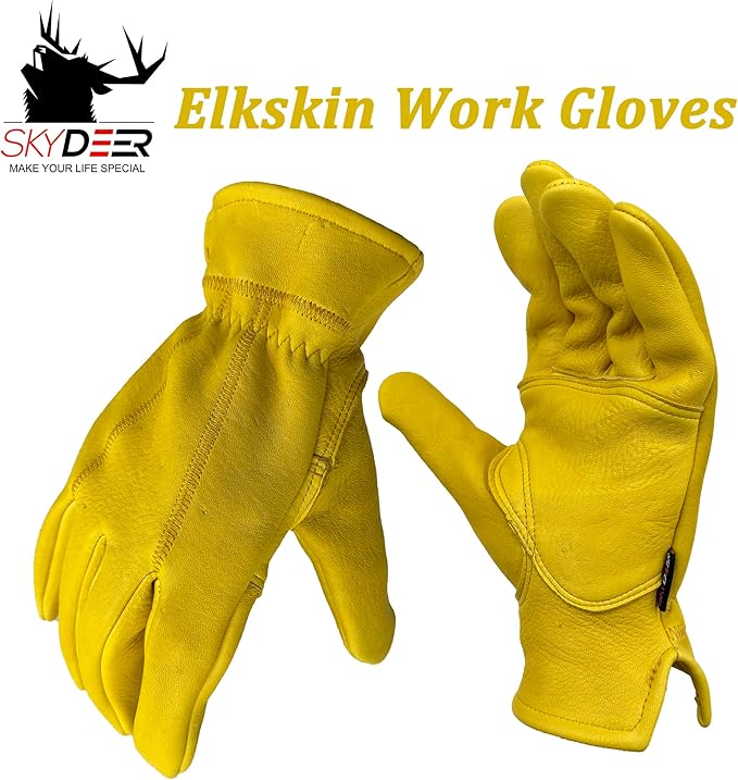 SKYDEER Full Premium Wild Elkskin Leather Work Gloves for Men, Durable for Heavy-Duty Labor, Construction, and Garden SD8826