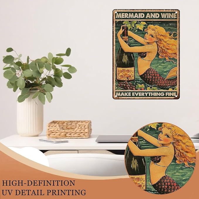 Mermaid Vintage Tin Sign Mermaid And Wine Make Everything Fine Funny Metal Sign for Home Living Room Kitchen Garden Bedroom Office Hotel Cafe And Pub Decoration 12X16Inch