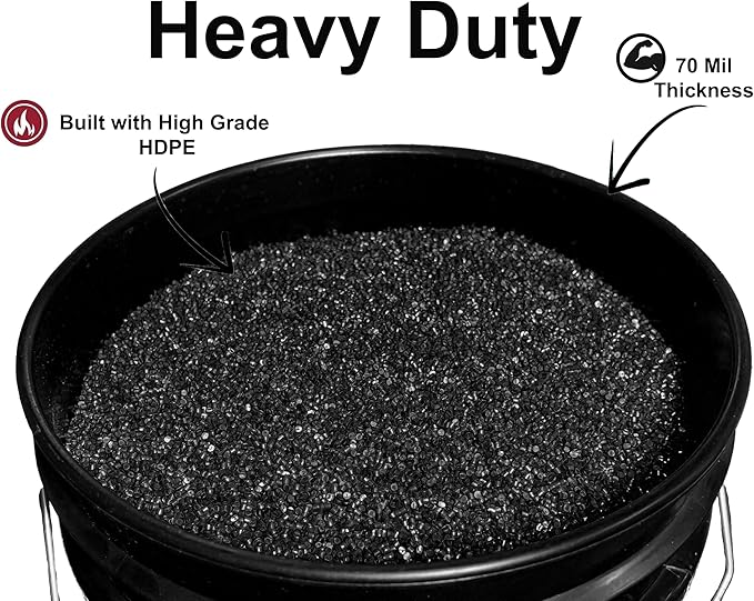 5-Gallon Bucket Only – No Lid Included, Made in USA, Food Grade BPA Free Plastic, Heavy Duty Multi-Use, Metal Handle with Grip, Stackable Storage – Black, 1 Pack