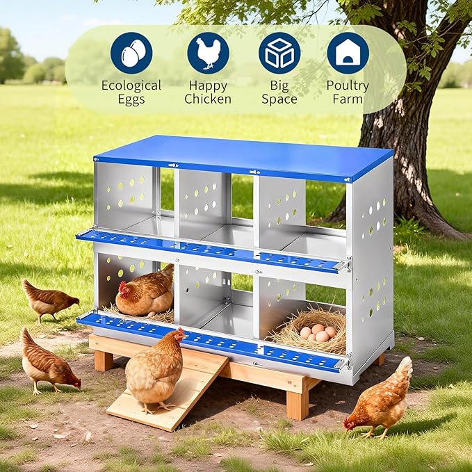 Metal Chicken Nesting Boxes - 6 Hole Wall-Mountable Laying Boxes with Roll-Away Egg Collection, Weatherproof Galvanized Steel, for Chicken Coop, Blue