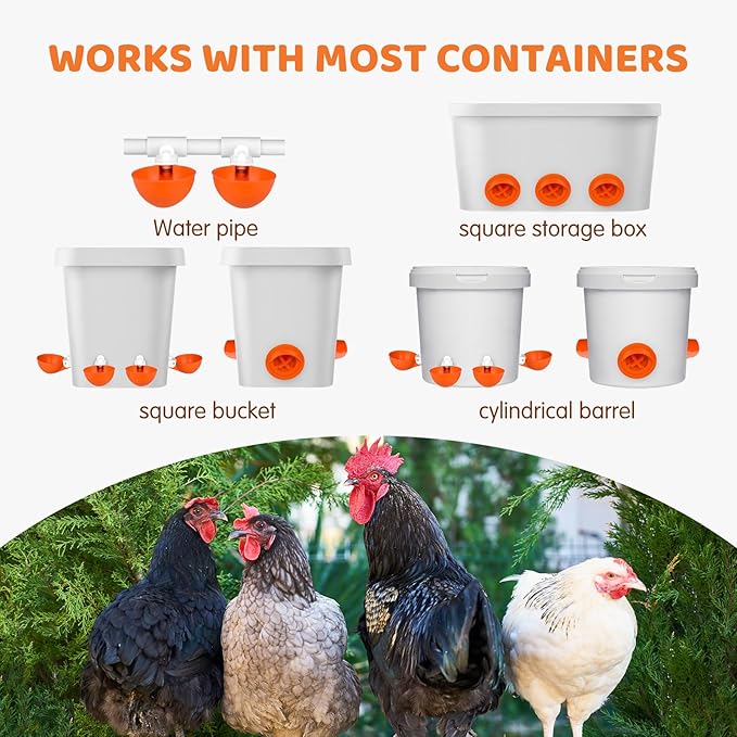 Chicken Feeder No Waste Automatic Poultry Feeder Ports, DIY Chicken Feeder and Waterer Set, 6 Ports and 6 Chicken Water Cups for Buckets, Barrels, Bins, Troughs