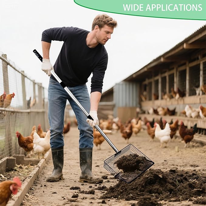 Chicken Poop Scooper - 54" Long Handle Chicken Coop Cleaner, 10" Wide Metal Waste Scooper for Poultry Waste