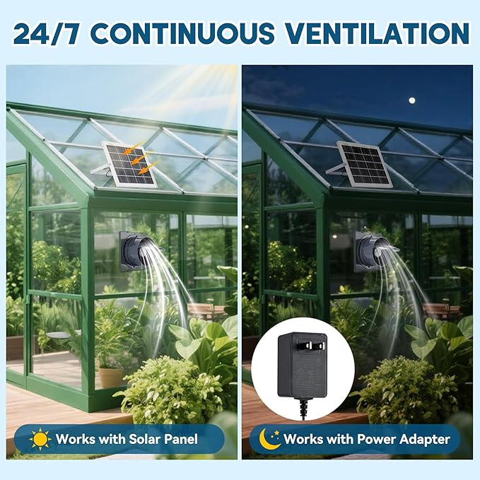 Solar Exhaust Fan with 25W Solar Panel, 6" Solar Powered Vent Fan for Chicken Coop, Greenhouse & Shed, 385 CFM Ventilation Fan with Anti-Backflow Valve, Quiet Brushless Outdoor Cooling