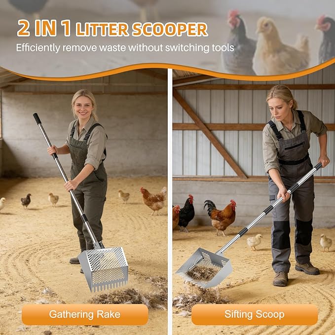 Chicken Poop Scooper & Rake 2-in-1,Stainless Steel Shovel Head Chicken Coop Scoop with 22 to 63" Adjustable Handle,Sifting Litter Shovel Scoop for Chicken Coop/Goat Stall/Stable Cleaning