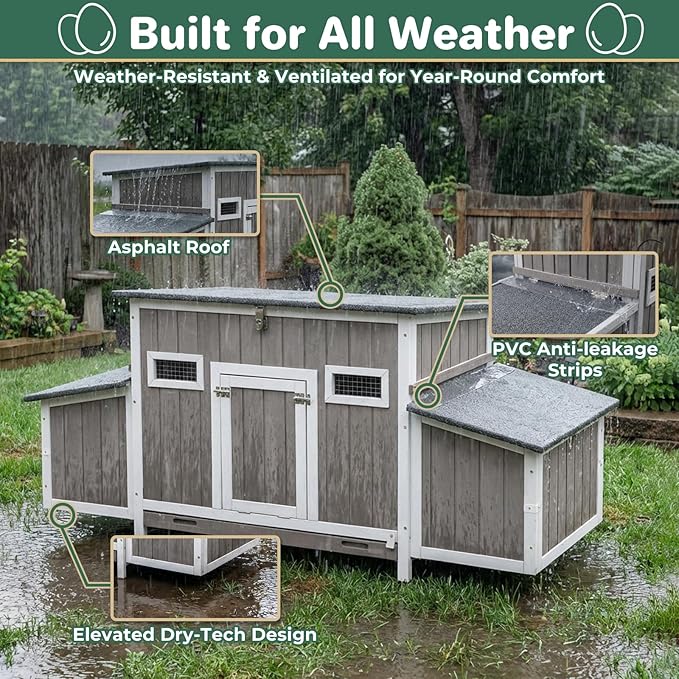 PetsCosset 62" Chicken Coop for 2-4 Chickens, Large Hen House with 4 Nesting Boxes, Openable Waterproof Roof, Roosting Bars, Lockable Doors & Pull-Out Tray, Weatherproof Outdoor Chicken House