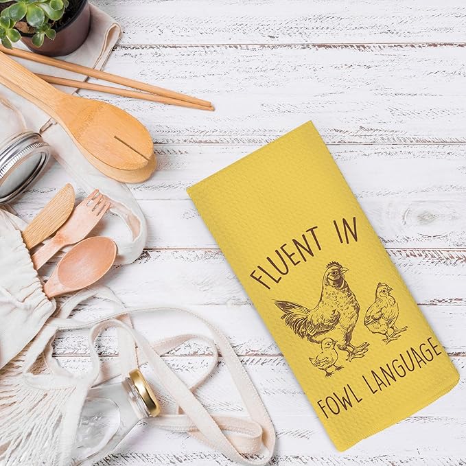 Funny Chicken YellowKitchen Dish Towels 16x24 Inch, Crazy Chicken Gifts for Chicken Mom, Fluent in Fowl Language Decorative Hand Towels Tea Towels for Farmhouse Home