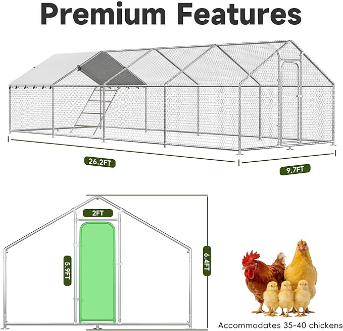 Large Metal Chicken Coop with Roosting Perch, Waterproof and UV Protection Cover, Chicken Run Outdoor Walk-in Cage Chicken Rabbit Duck Hen House for Yard Farm Use Spire Roof (10’ W x 26.2’ L x 6.4’ H)