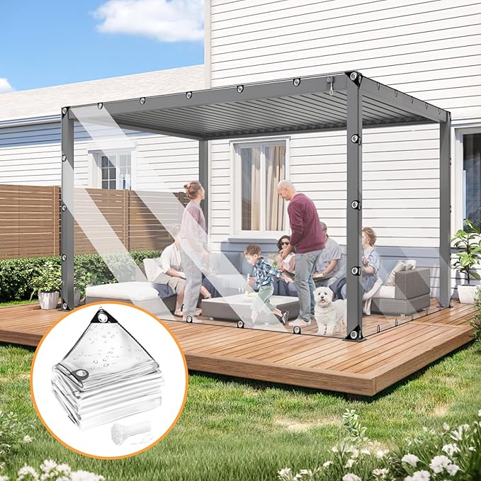 Clear Waterproof Tarp with Grommets, Multipurpose Transparent PVC Tarpaulin, Clear tarps Heavy Duty Waterproof, Tear-Resistant Rainproof Clear tarps for Garden Patio (Transparent, 10x12FT / 3x3.7m)