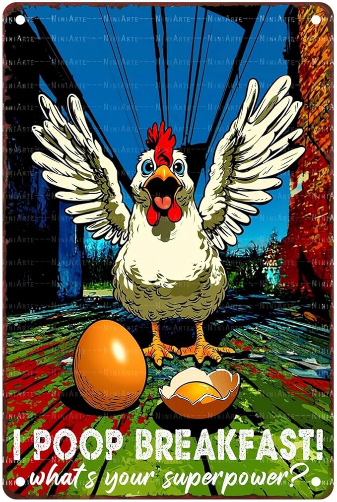 Funny Chicken Decorations for Kitchen Chicken Tin Sign Chicken Gifts 12X16InchI Poop Breakfast Whats Your Superpower 8X12Inch
